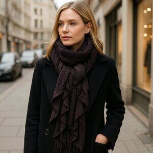 💜 Deep Plum Ruffled Knit Scarf with Fringe — Dramatic, Cozy & Boutique-Chic